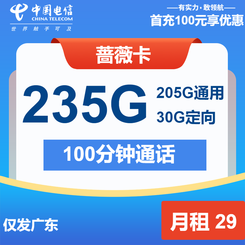 电信蔷薇卡29元/月：235G流量+100分钟通话（2年套餐，仅发广东省内）