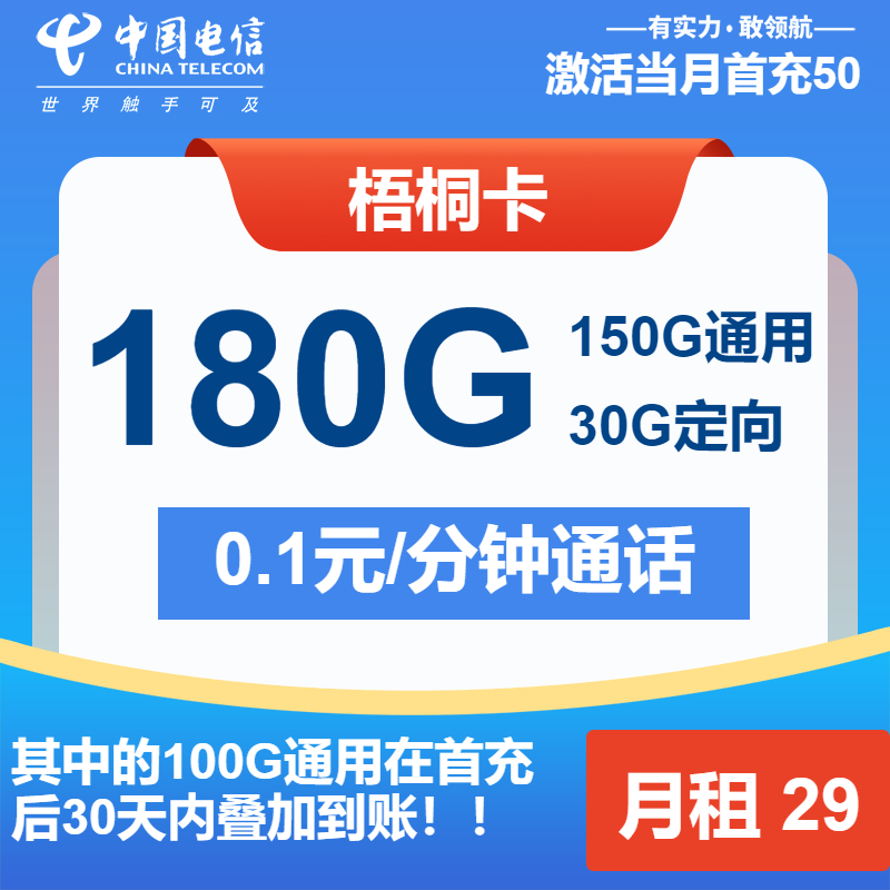 电信梧桐卡②29元/月：180G流量+通话0.1元/分钟（长期套餐）