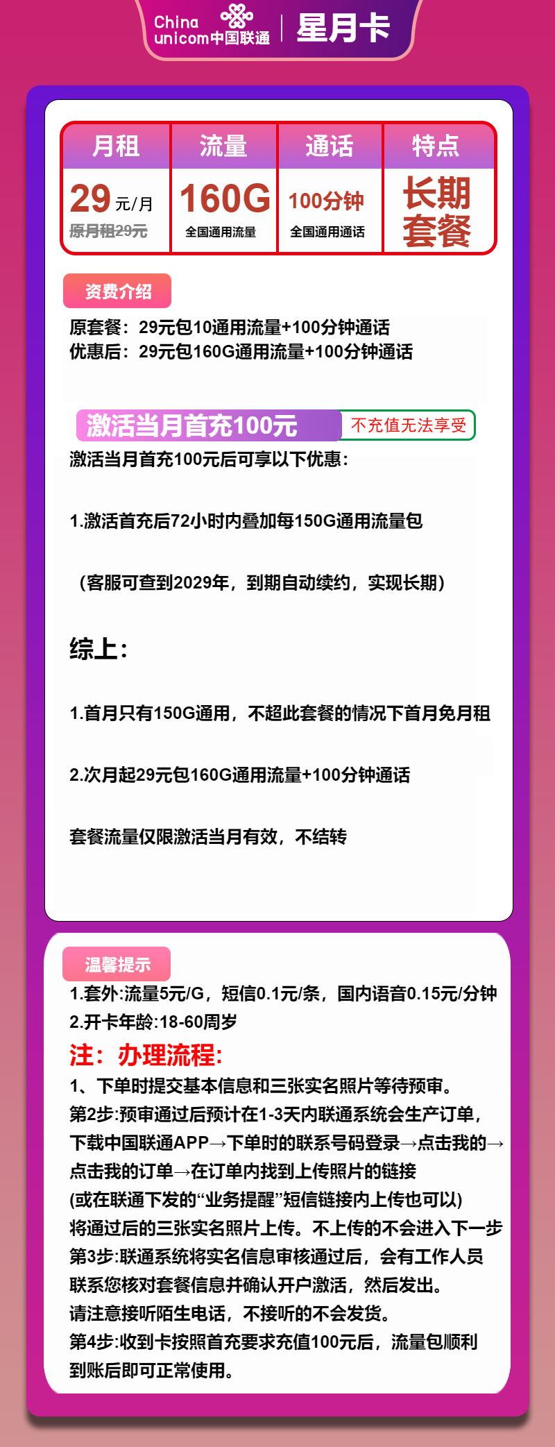 联通星月卡29元/月:160G流量+100分钟通话(长期套餐,先激活后发货)