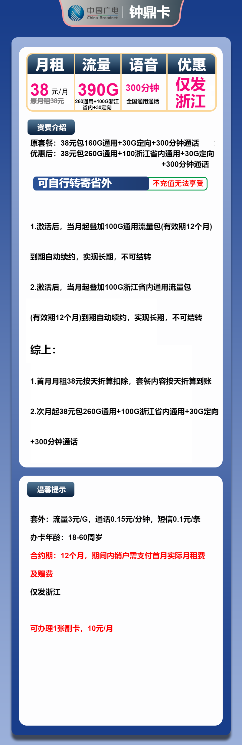 广电钟鼎卡38元/月:390G流量+300分钟(长期套餐,仅发浙江省内)