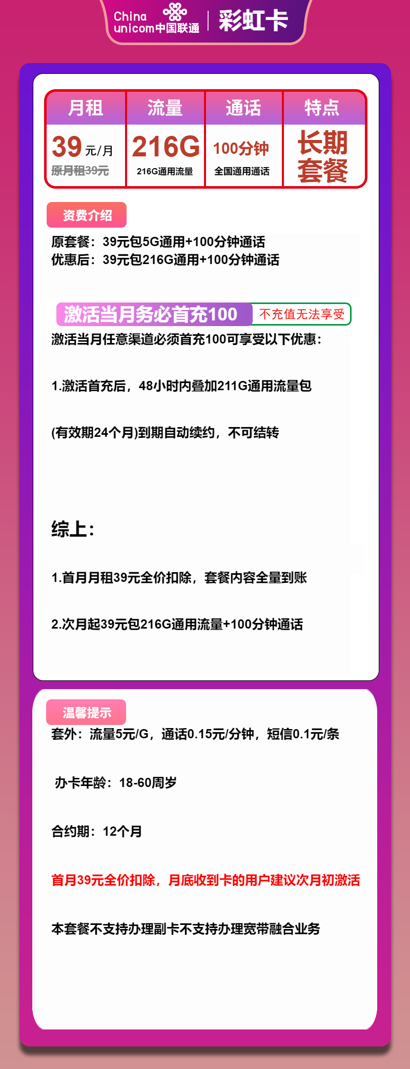 联通彩虹卡39元/月:216G流量+100分钟通话(长期套餐)