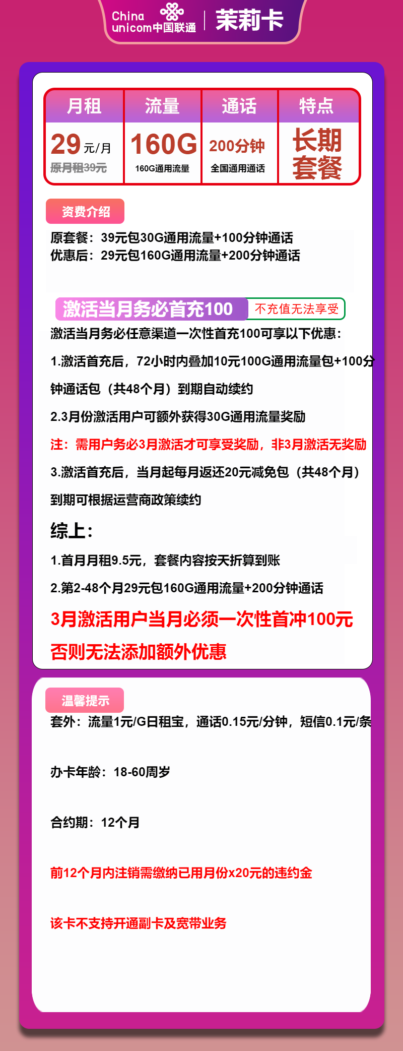 联通茉莉卡29元/月：160G流量+200分钟通话（长期套餐）