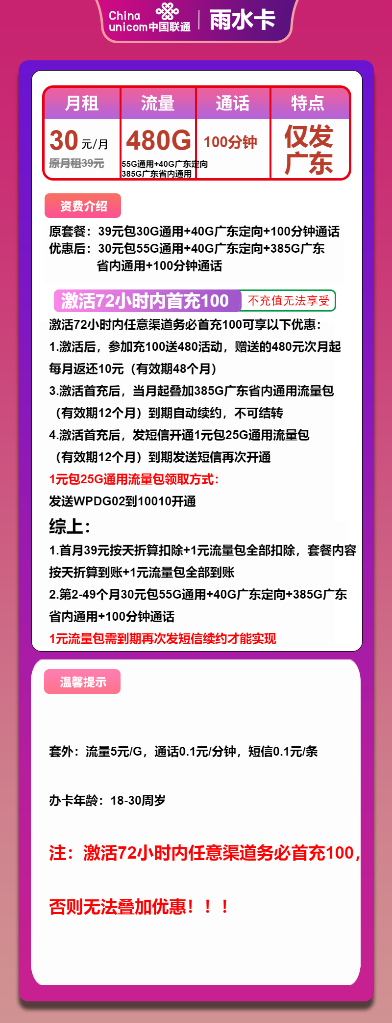 联通雨水卡30元/月:480G流量+100分钟通话(4年套餐,仅发广东省内)