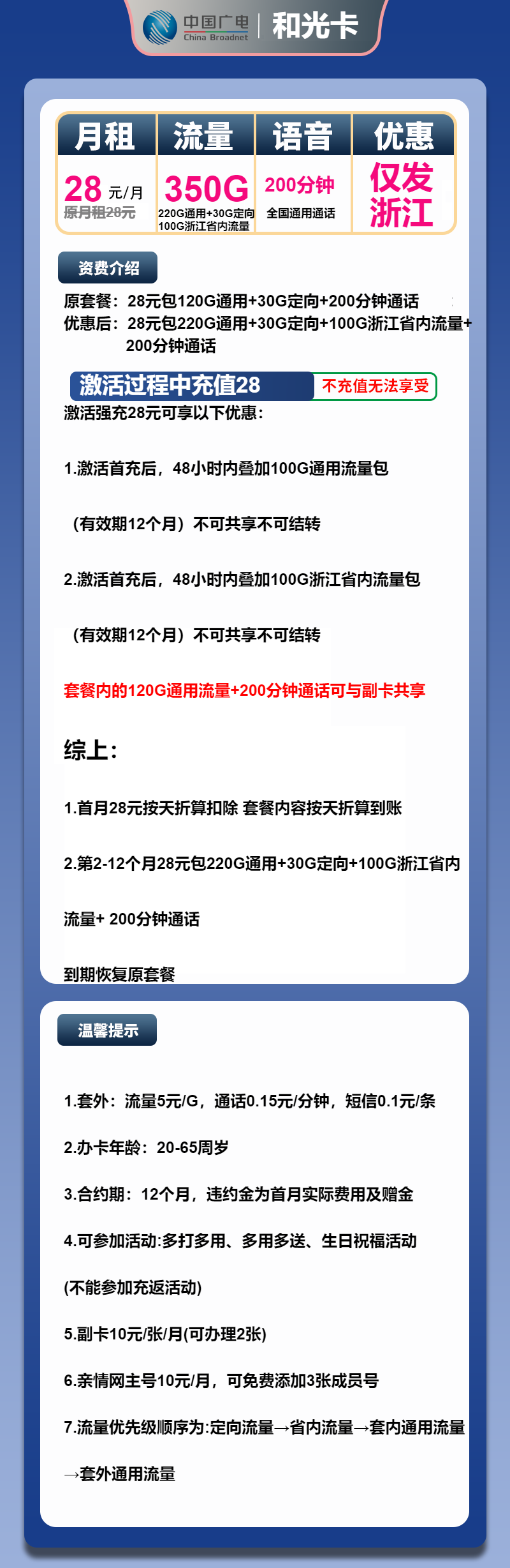 广电和光卡28元/月：350G流量+200分钟通话（仅发浙江省内）