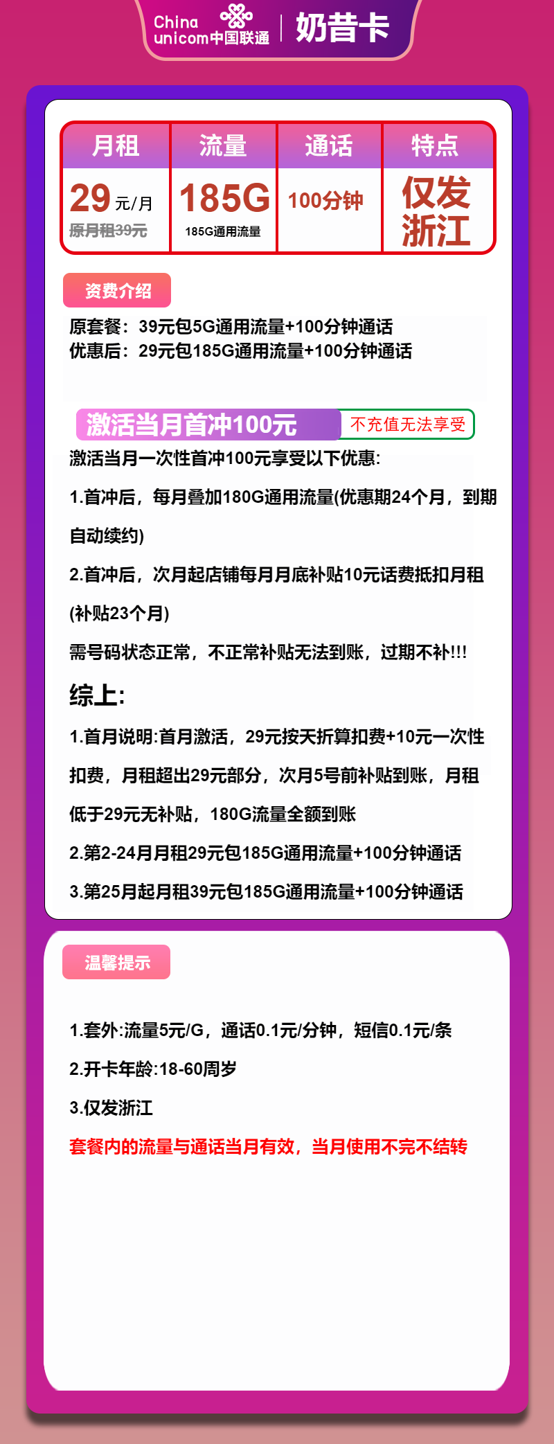 联通奶昔卡29元/月：185G流量+100分钟通话（第25个月起39元月租，大流量卡，仅发浙江省内）