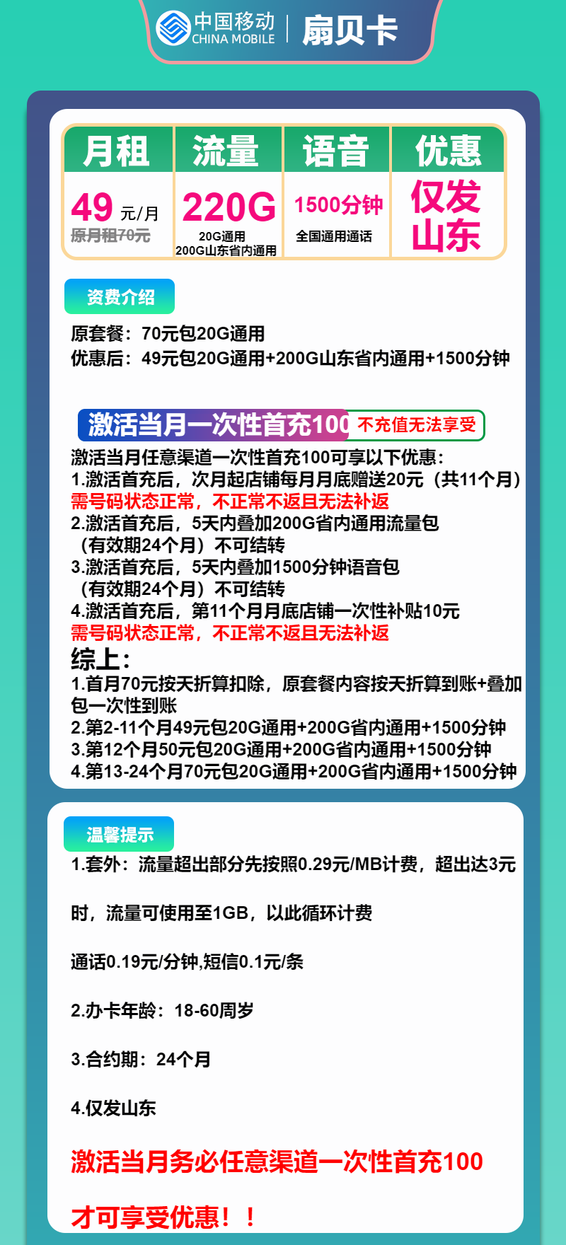 移动扇贝卡49元/月：220G流量+1500分钟通话（第13个起70元月租，2年套餐，大流量卡，大通话，仅发山东省内）