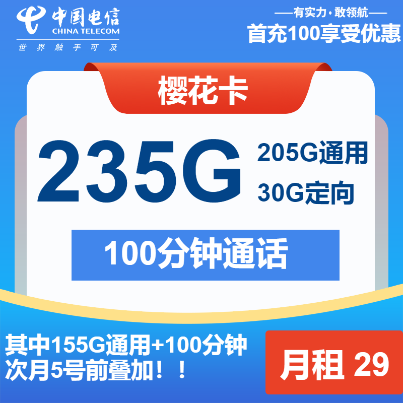 电信樱花卡29元/月：235G流量+100分钟通话