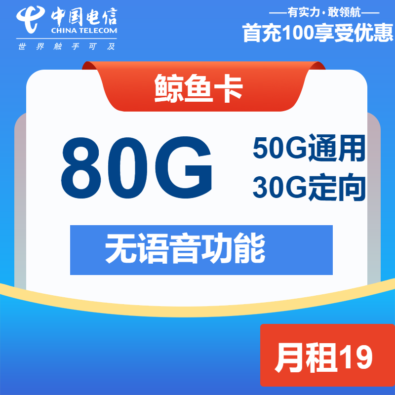 电信鲸鱼卡19元/月：80G流量+无语功能（第7个月起29元，第14个月起39元月租，长期套餐）