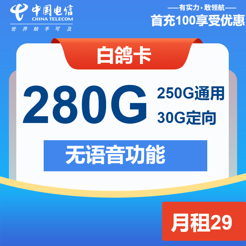 电信白鸽卡29元/月：285G流量+无语音功能（2年套餐）