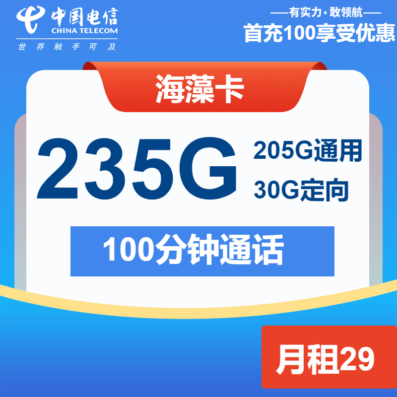 电信海藻卡29元/月：235G流量+100分钟通话（长期套餐）