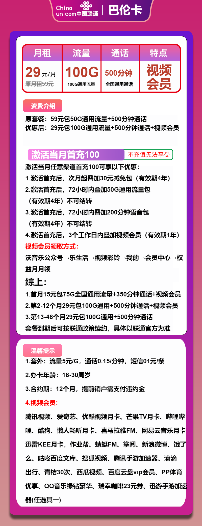 联通巴伦卡29元/月:100G流量+500分钟通话+会员(4年套餐,送1年视频会员)