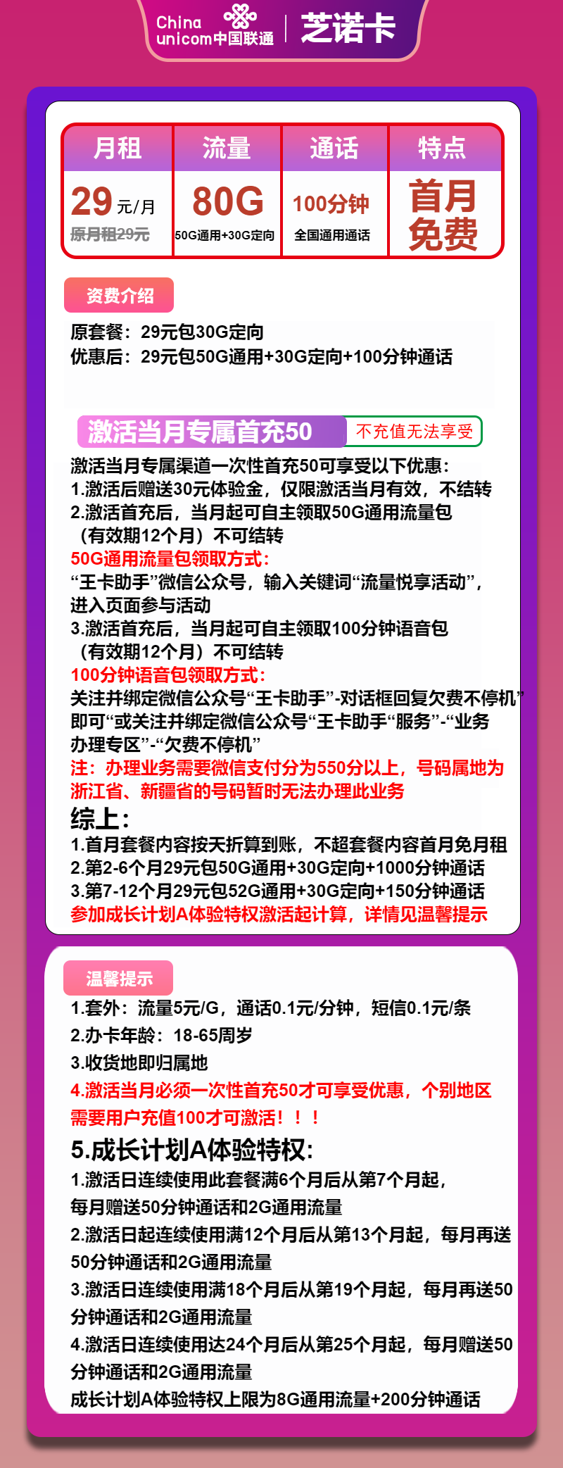 联通芝诺卡29元/月：80G流量+100分钟通话（收货地为归属地）