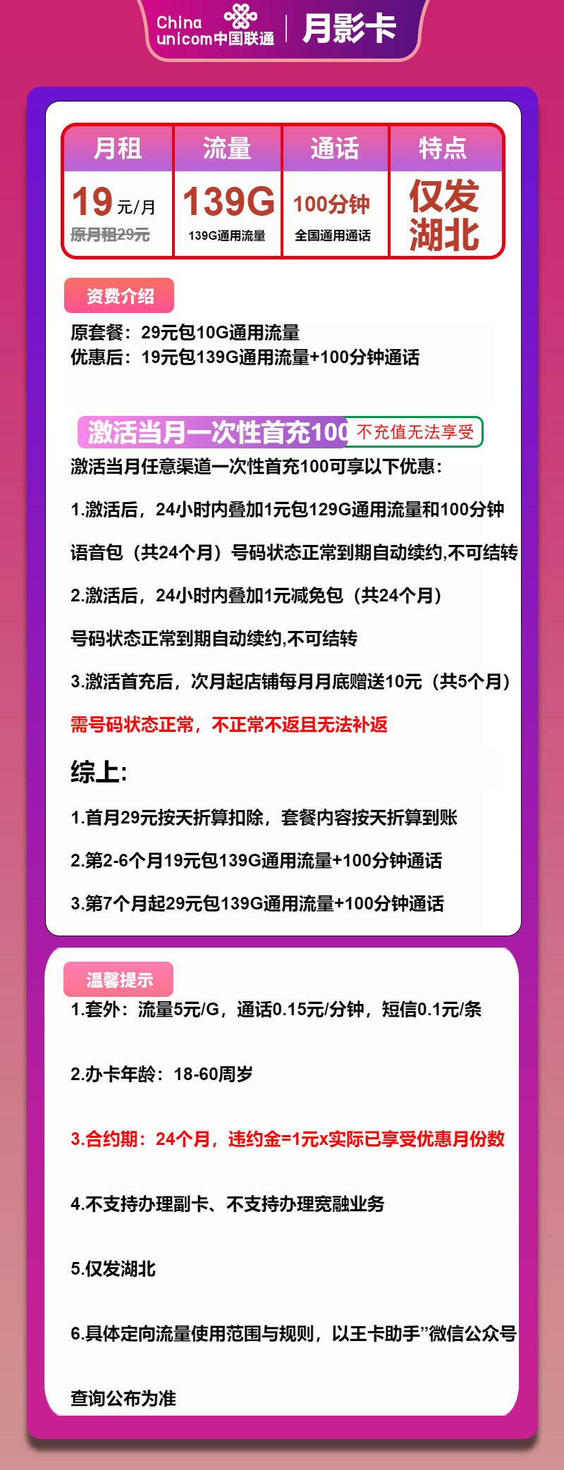 联通月影卡19元/月：139G流量+100分钟通话（第7个月起29元月租，长期套餐，仅发湖北省内）