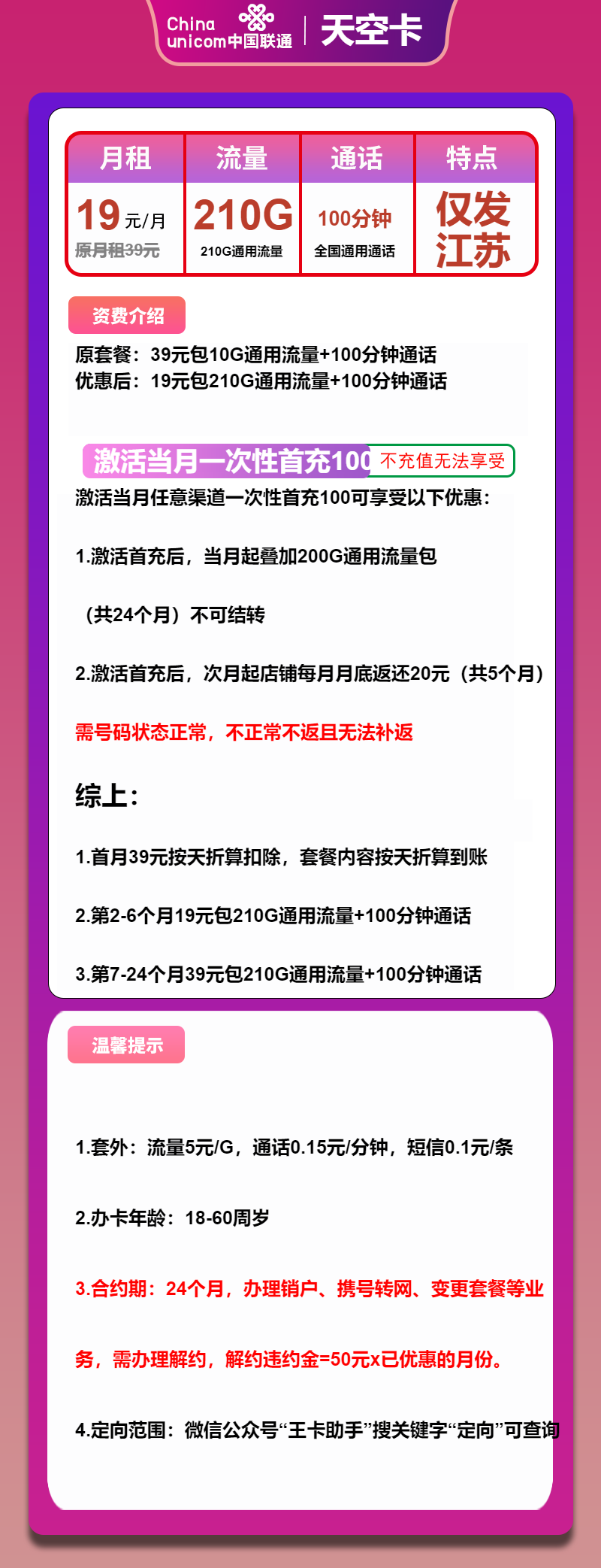 联通天空卡19元/月：210G流量+100分钟通话（第7个月39元月租，大流量卡，仅发江苏省内）