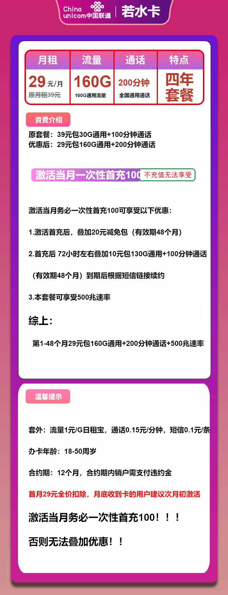 联通若水卡29元/月：160G流量+200分钟通话