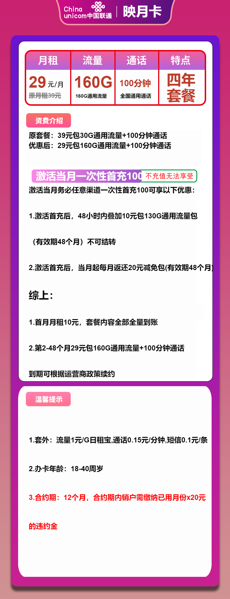 联通映月卡29元/月:160G流量+100分钟通话