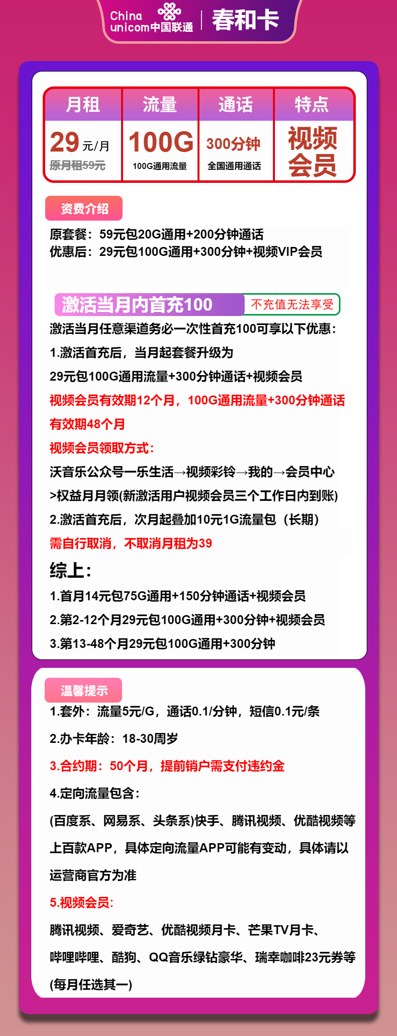 联通春和卡29元/月:100G流量+300分钟通话+视频会员(4年套餐,送1年视频会员)
