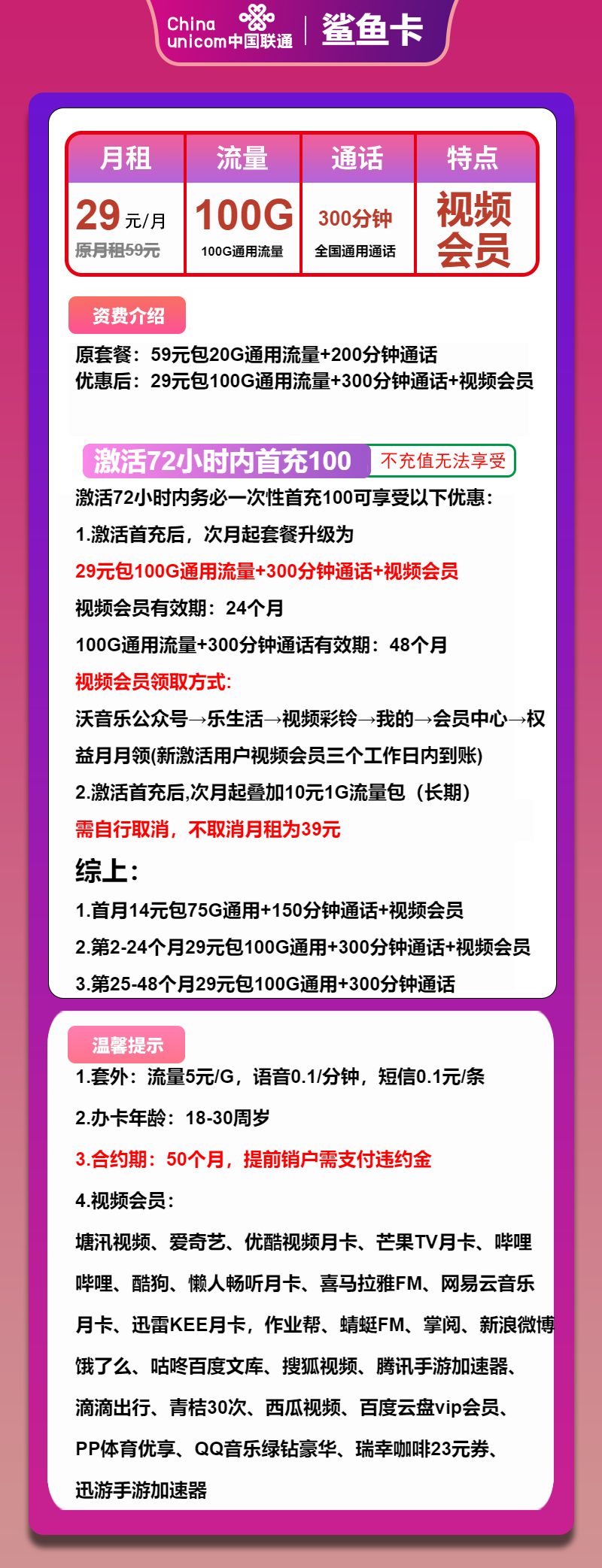 联通鲨鱼卡29元/月：100G流量+300分钟通话+视频会员（4年套餐，送2年视频会员）