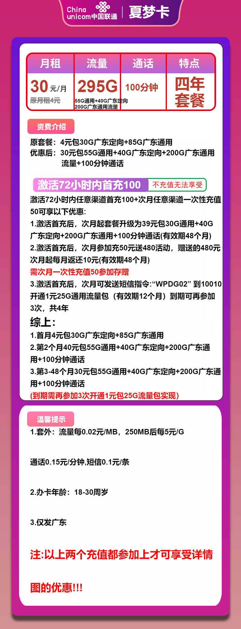 联通夏梦卡30元/月：295G流量+100分钟通话（仅发广东省内）