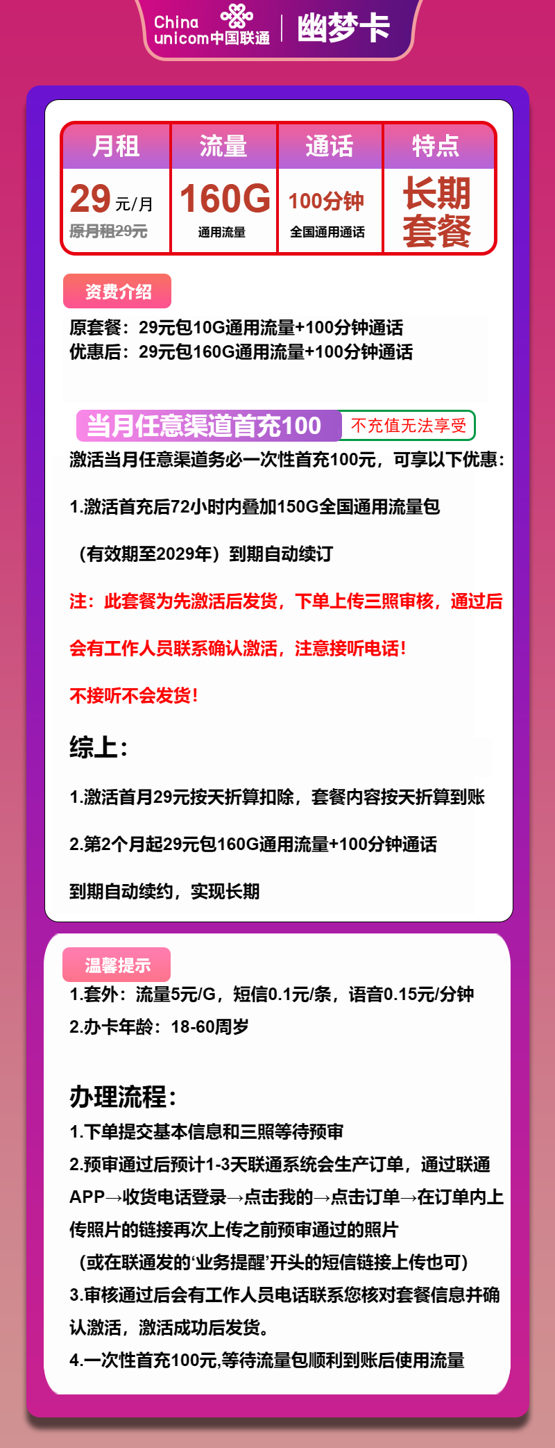 联通幽梦卡29元/月:160G流量+100分钟通话(长期套餐,先激活首充100元再发货)