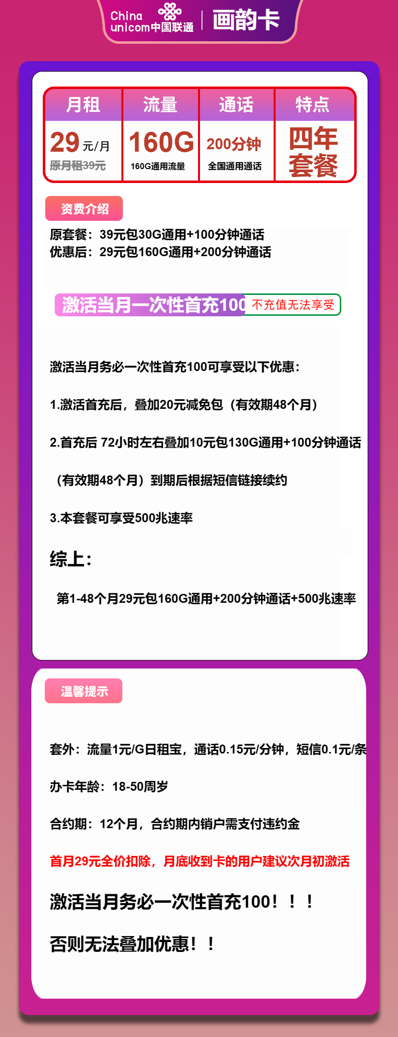 联通画韵卡29元/月：160G流量+200分钟通话（4年套餐）