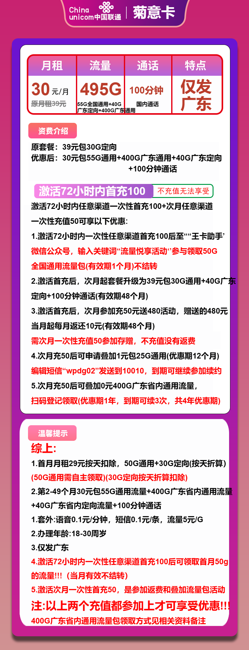 联通菊意卡30元/月:495G流量+100分钟通话(4年套餐,仅发广东省内)