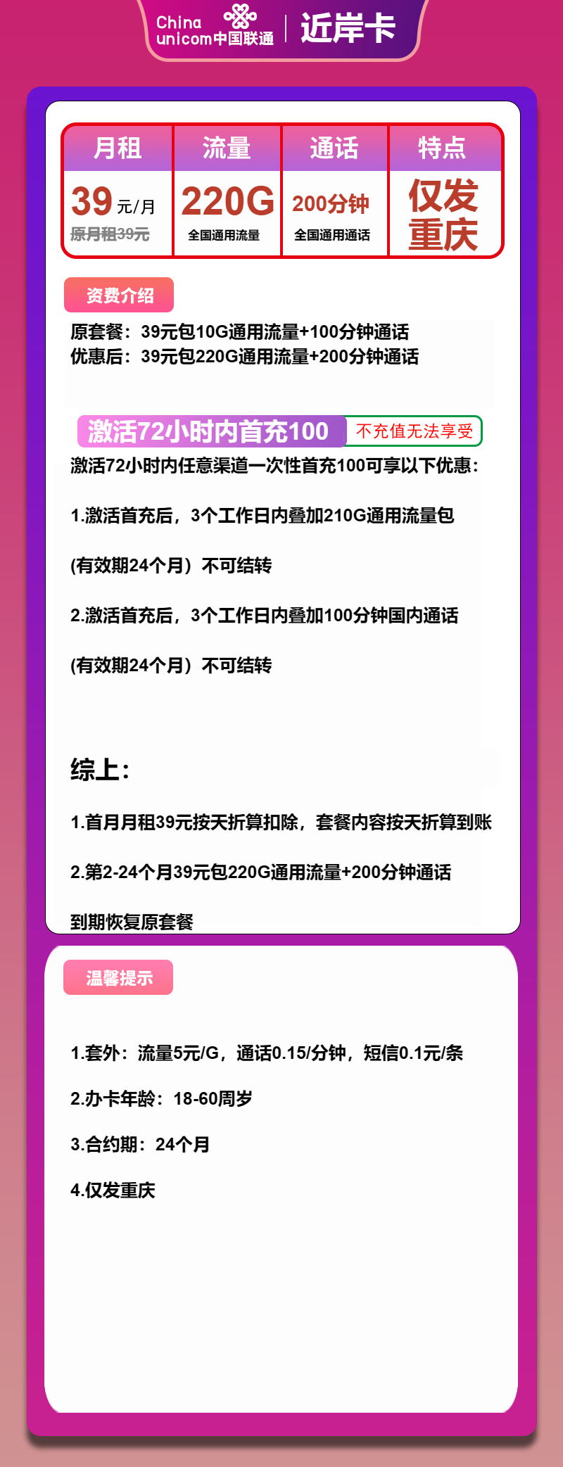 联通近岸卡39元/月:220G流量+200分钟通话(仅发重庆市内)