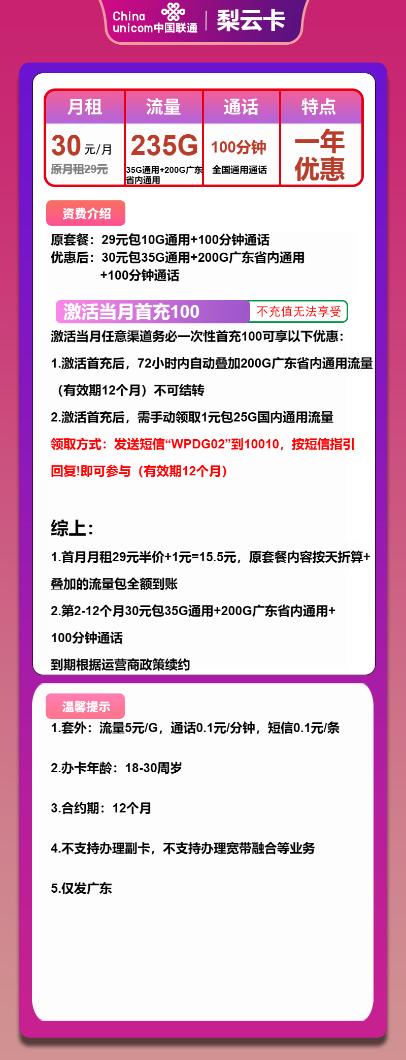 联通梨云卡②30元/月:235G流量+100分钟通话(仅发广东省内,可选号)