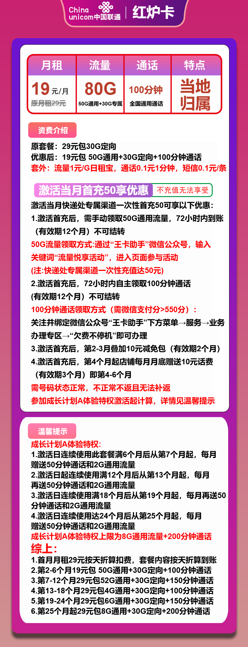 联通红炉卡19元/月:80G流量+100分钟通话(收货地为归属地)