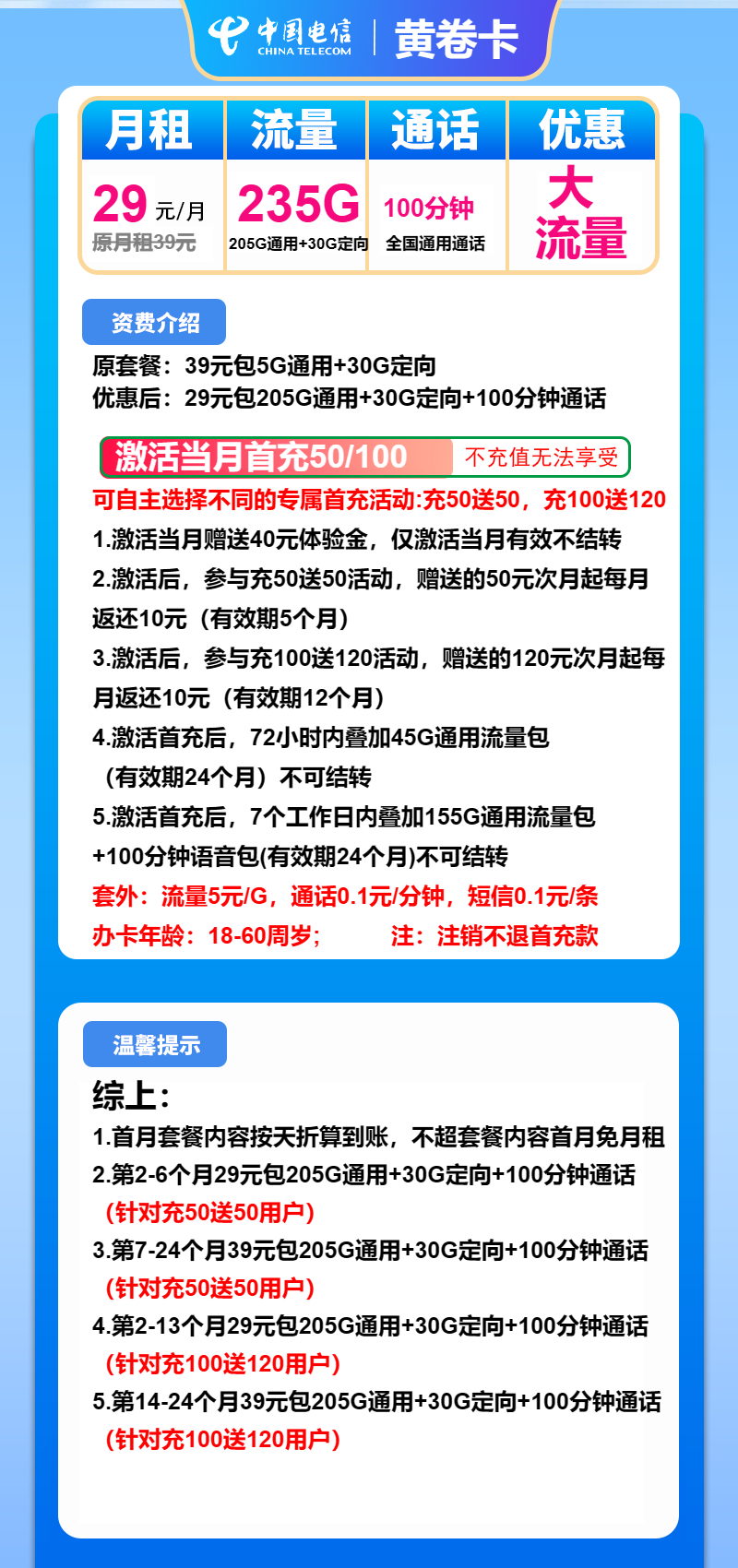 电信黄卷卡29元/月:235G流量+100分钟通话