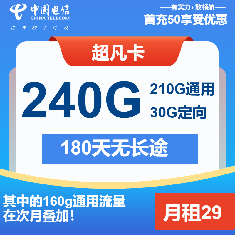 电信超凡卡②29元/月：240G流量+通话0.1元/分钟（第14个月起39元月租，长期套餐）