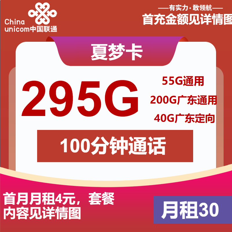 联通夏梦卡30元/月：295G流量+100分钟通话（仅发广东省内）
