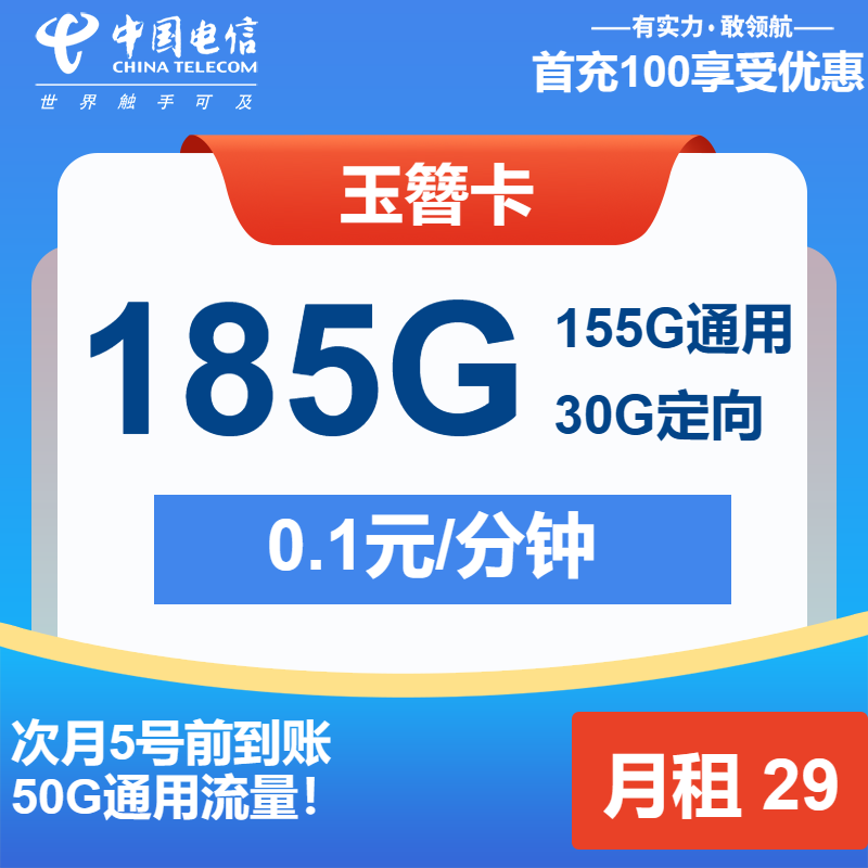 电信玉簪卡29元/月：185G流量+通话0.1元/分钟（长期套餐）
