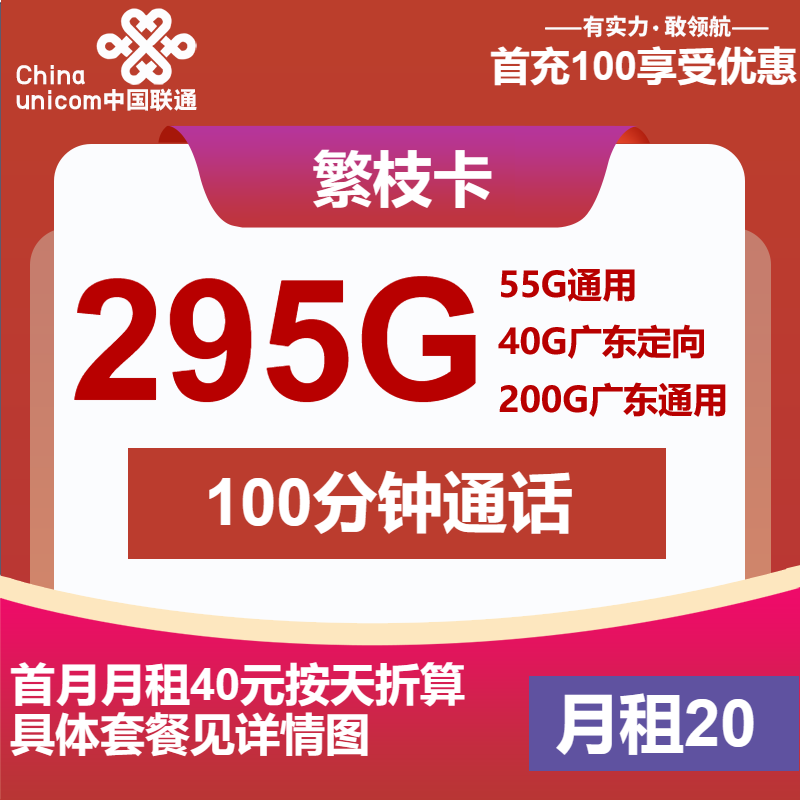 联通繁枝卡20元/月：295G流量+100分钟通话（第14个月起30元月租，4年套餐，仅发广东省内）