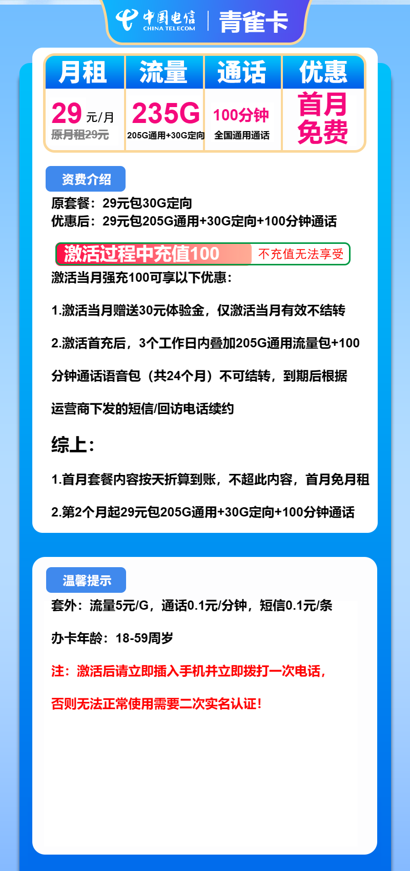 电信青雀卡29元/月:235G流量+100分钟通话(长期套餐,仅发安徽省内)