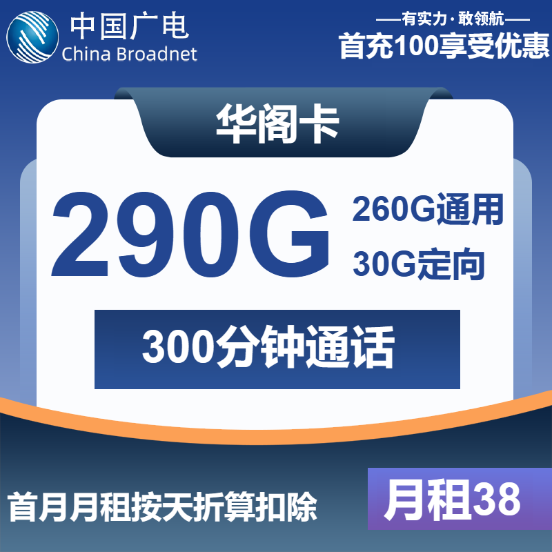 广电华阁卡38元/月：290G流量+300分钟通话（长期套餐）