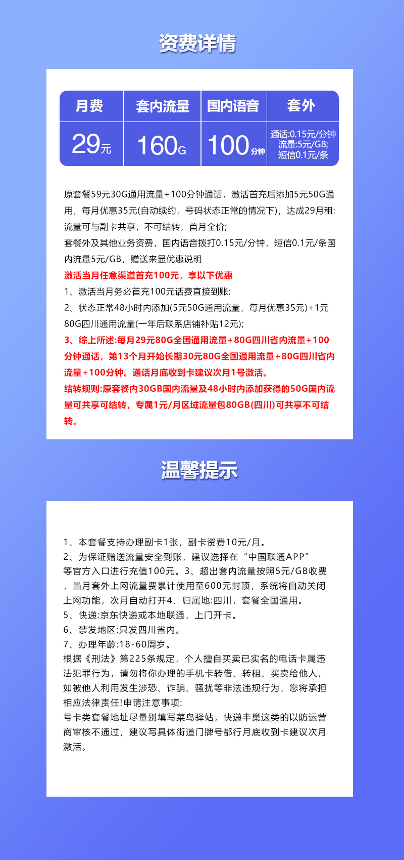 联通四川省内专属卡29元/月:160G流量+100分钟通话(长期套餐。仅发四川省内,可选号)
