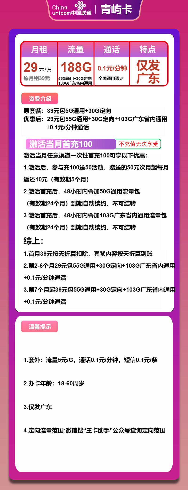 联通青屿卡29元/月:188G流量+通话0.1元/分钟(第7个月起39元月租,长期套餐,收货地为归属地,仅发广东省内)