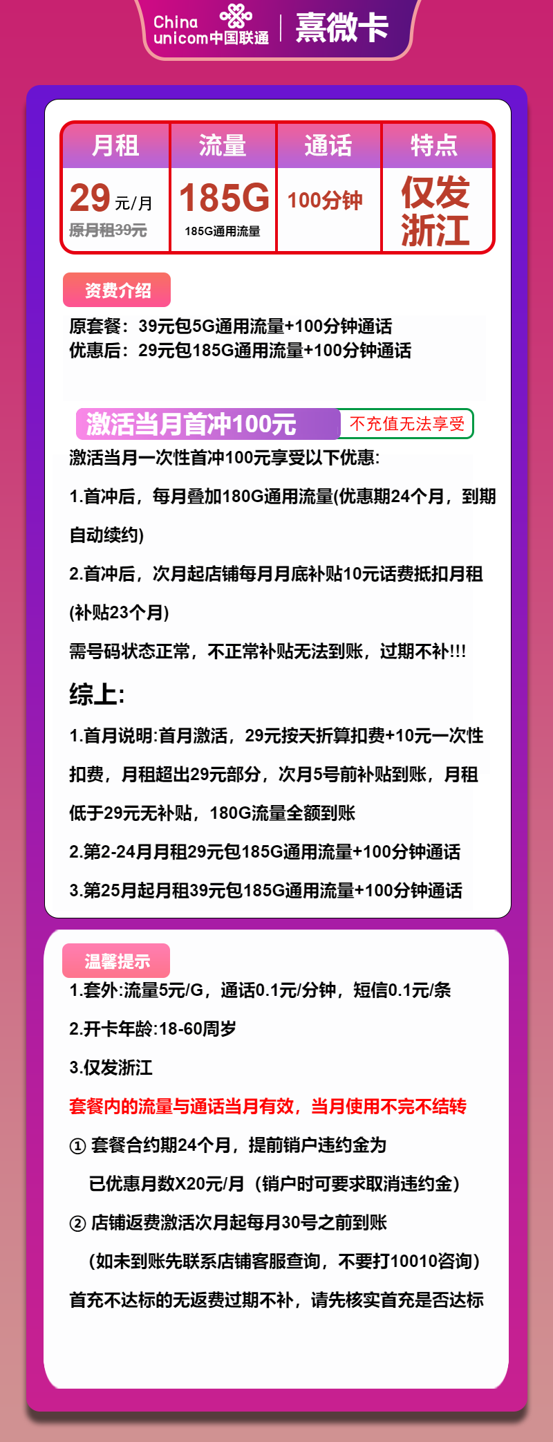 联通熹微卡29元/月：185G流量+100分钟通话（第25个月起39元月租，长期套餐，仅发浙江省内）