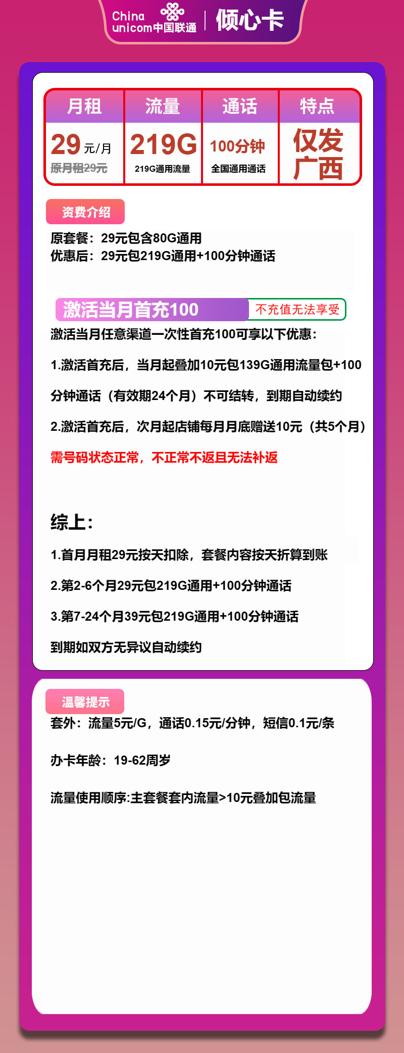 联通倾心卡29元/月：219G流量+100分钟通话（第7个月起39元月租，长期套餐，仅发广西省内）