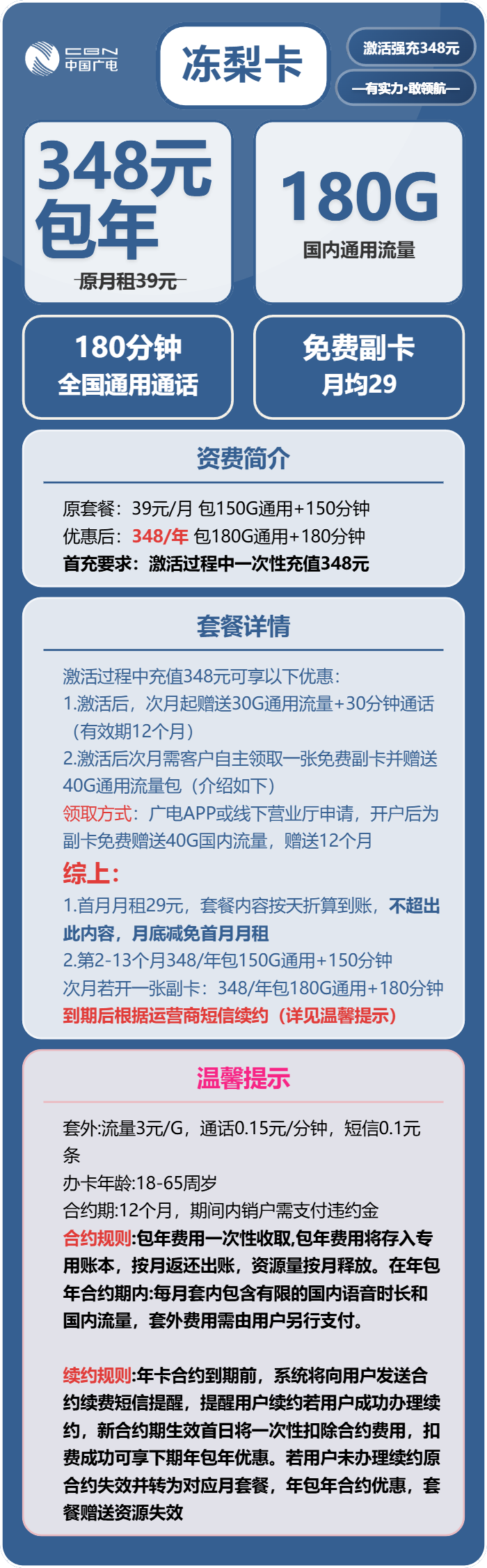 广电冻梨卡348元/年:每月180G流量+180分钟通话(长期套餐,副卡共享流量)