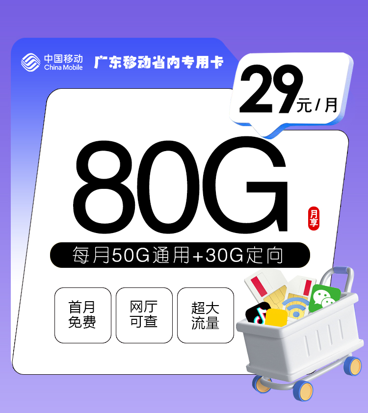 移动广东省内专用卡29元/月：80G流量+通话0.19元/分钟（收货地为归属地，仅发广东省内）