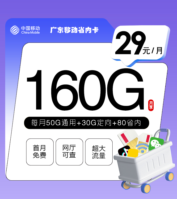 移动广东省内卡29元/月：160G流量+通话0.19元/分钟（仅发广东省内）