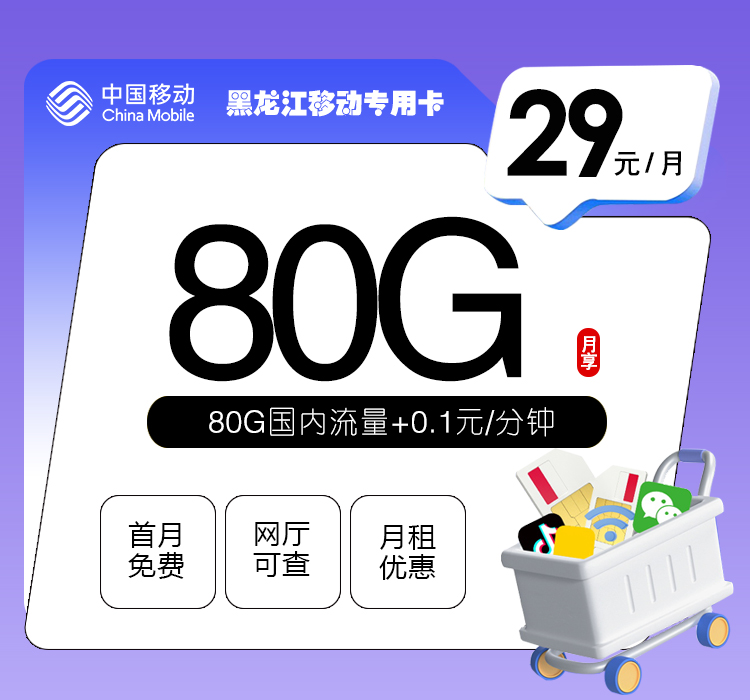 黑龙江移动专用卡29元/月：80G流量+通话0.1元/分钟（仅发黑龙江省内）