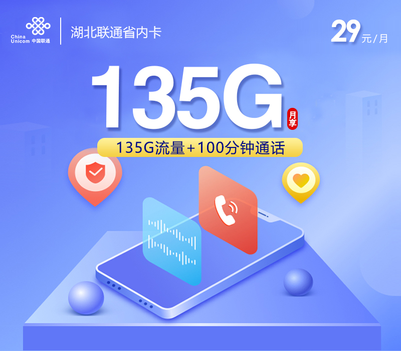 联通湖北省内卡29元/月：135G流量+100分钟通话（长期套餐，仅发湖北省内）