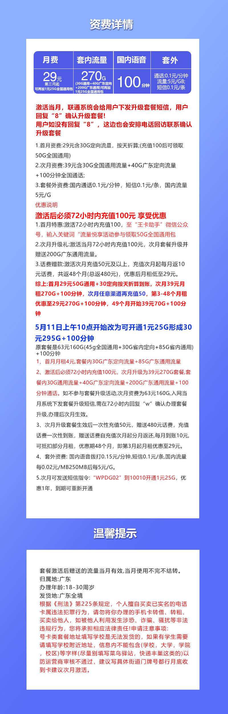 联通广东省内卡①29元/月:295G流量+100分钟通话(仅发广东省内)