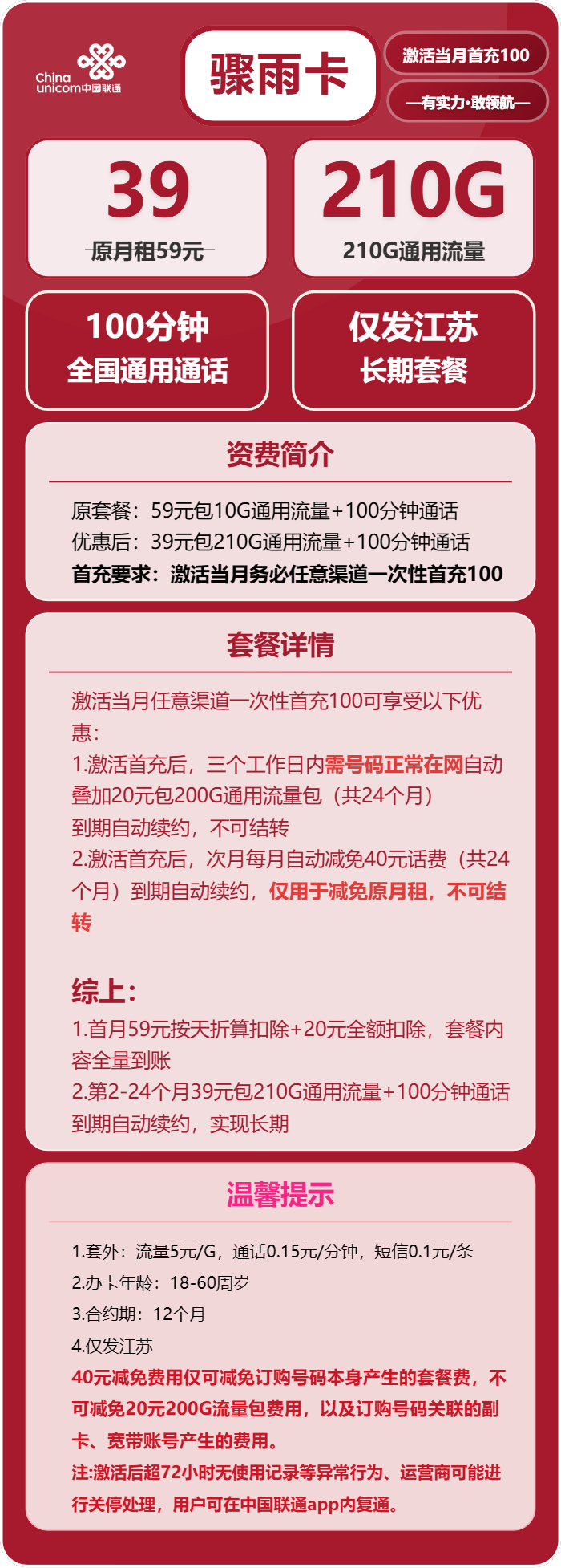联通骤雨卡②39元/月:210G流量+100分钟通话(长期套餐,仅发江苏省内,可选号)