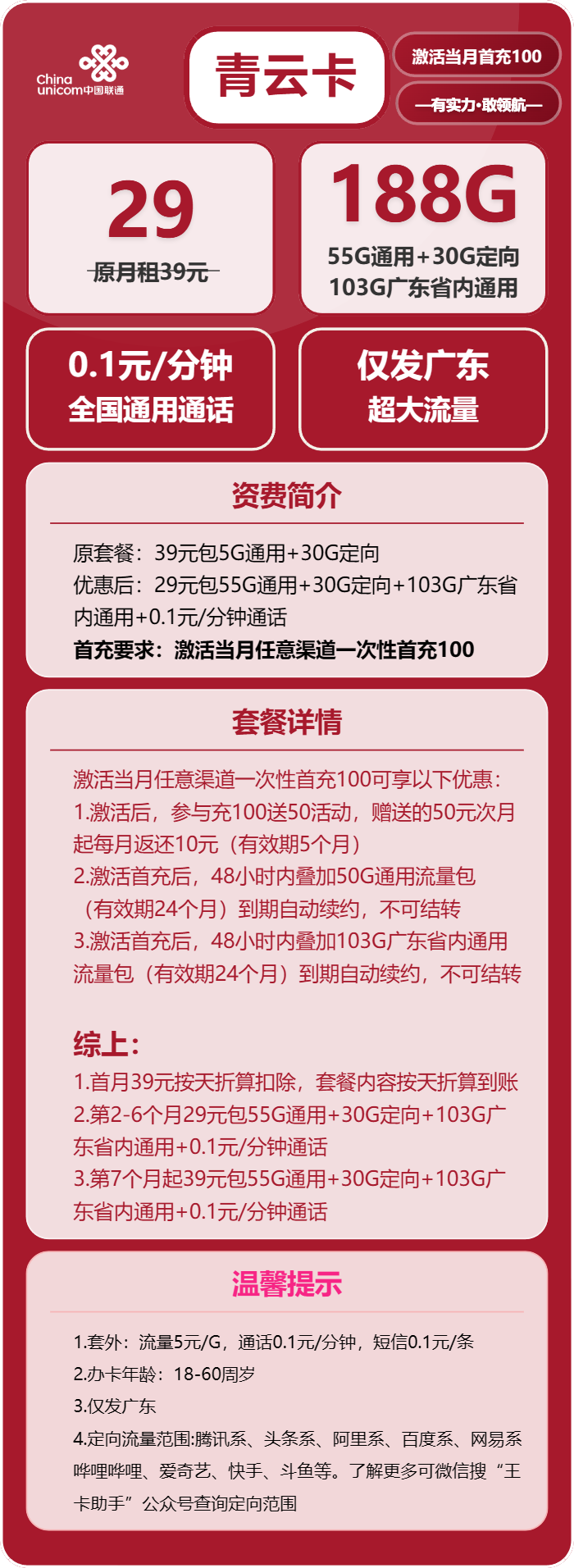 联通青云卡29元/月:188G流量+通话0.1元/分钟(第7个月起39元月租,长期套餐,仅发广东省内,可选号)