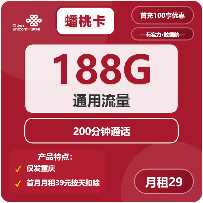 联通蟠桃卡29元/月：188G流量+200分钟通话（长期套餐，仅发重庆市内）