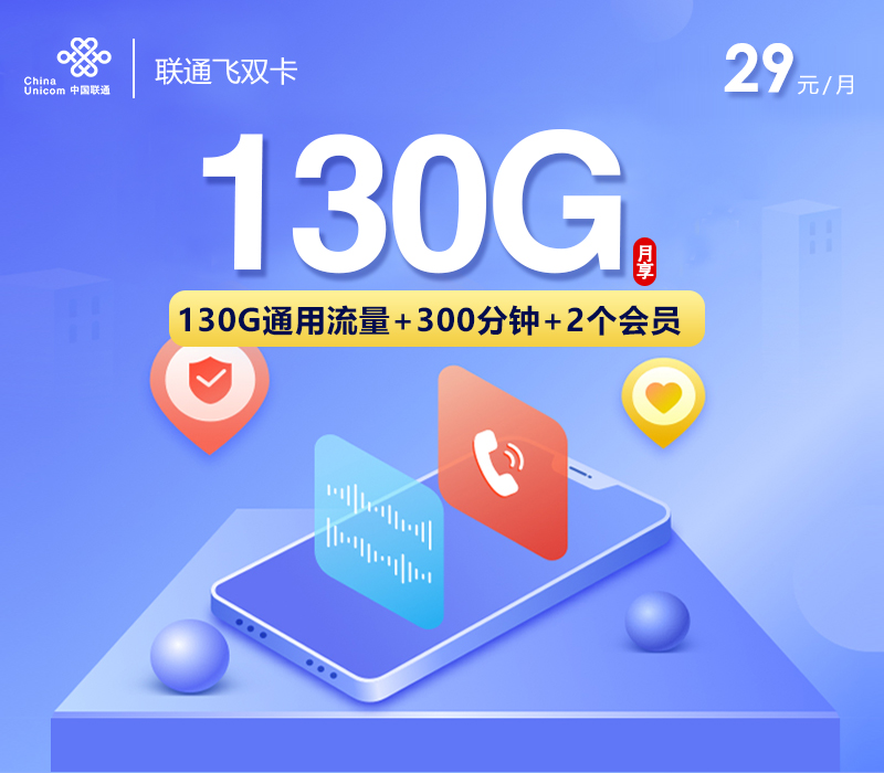 联通飞双卡29元/月：130G流量+300分钟通话+2个视频会员（长期套餐）